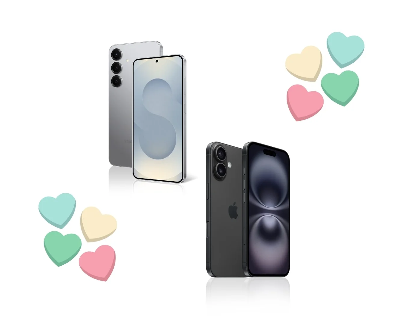 Neon blue, yellow and pink candy hearts surround a silver Galaxy S25 and iPhone 16 on a pink background.